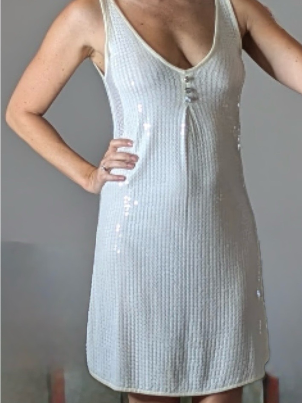 Arden B Cream Sequin Slip Mini Dress with Button Trim - Picture 3 of 5